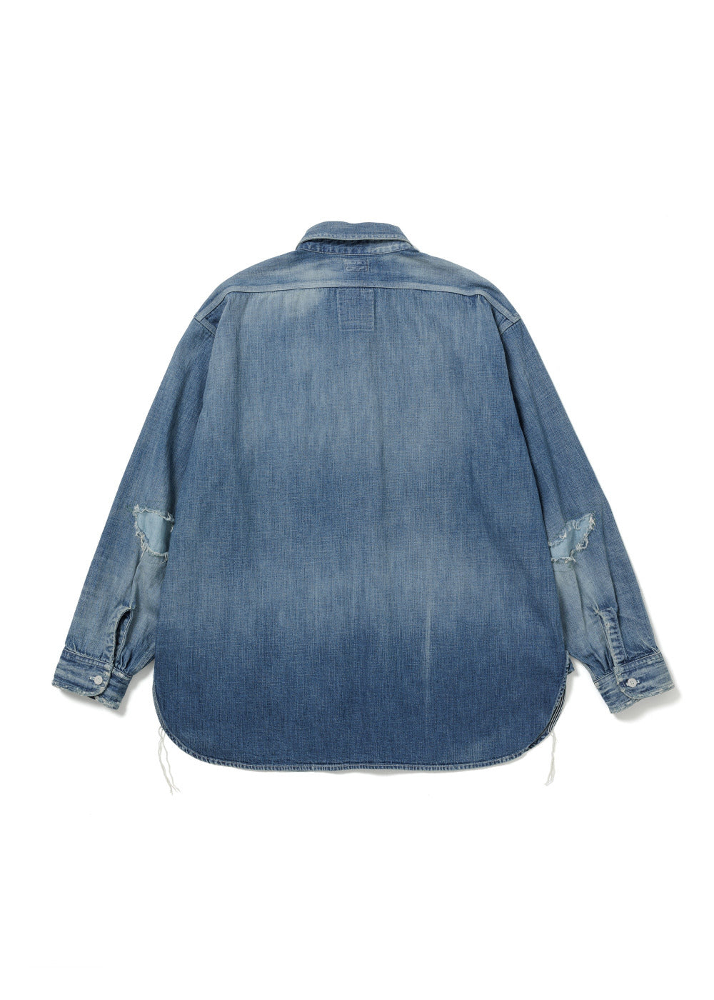 Back view of a blue denim shirt with slight distressing on a white background