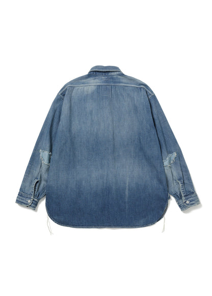 Back view of a blue denim shirt with slight distressing on a white background