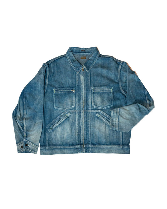 distressed blue denim jacket on a white background