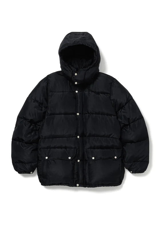 Black puffer jacket with a hood on a white background