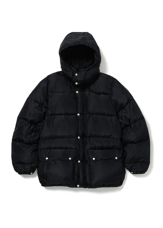 Black puffer jacket with a hood on a white background