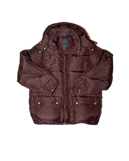 maroon winter jacket with a hood on a white background