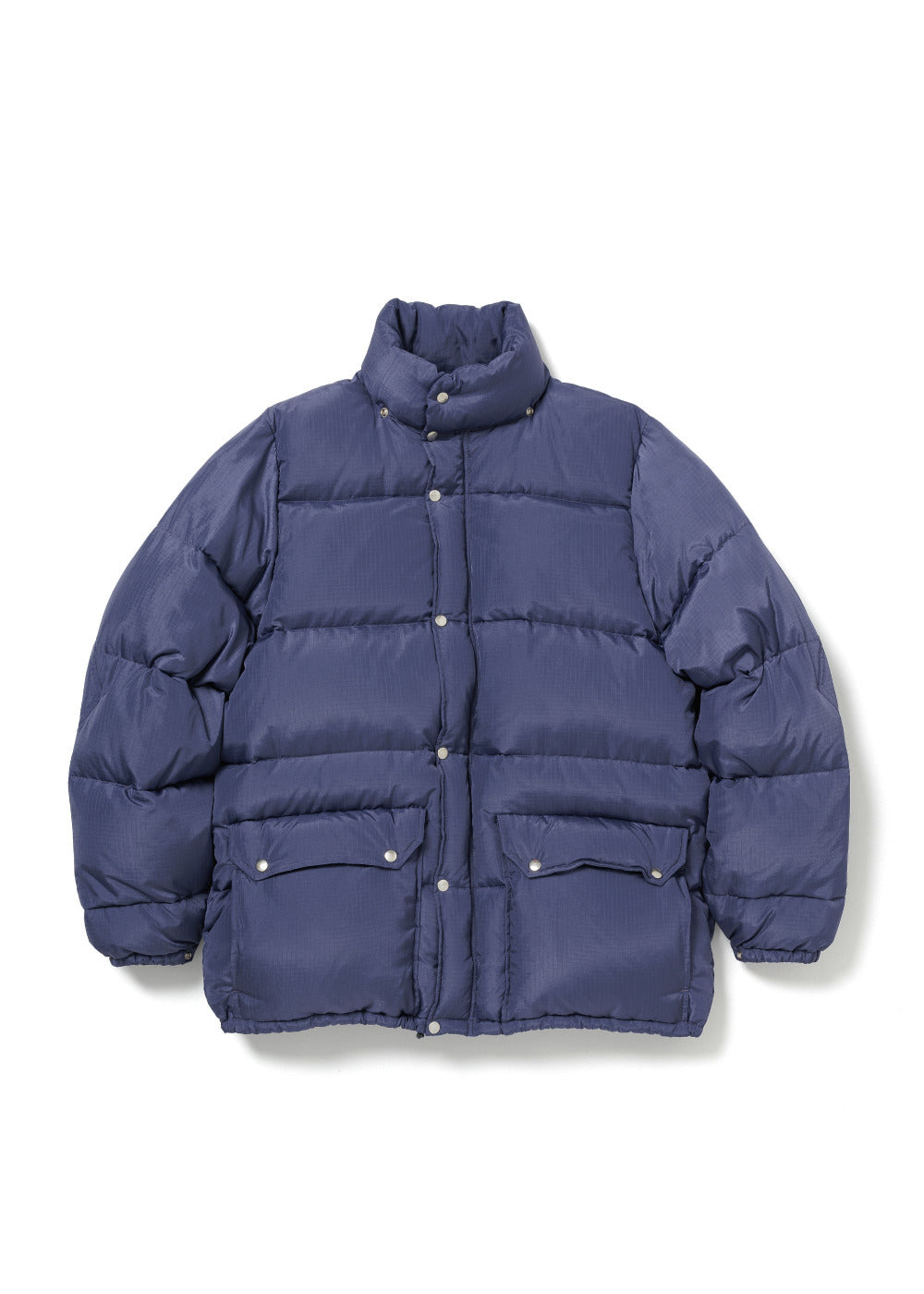 Purple puffer jacket with hood removed on a white background