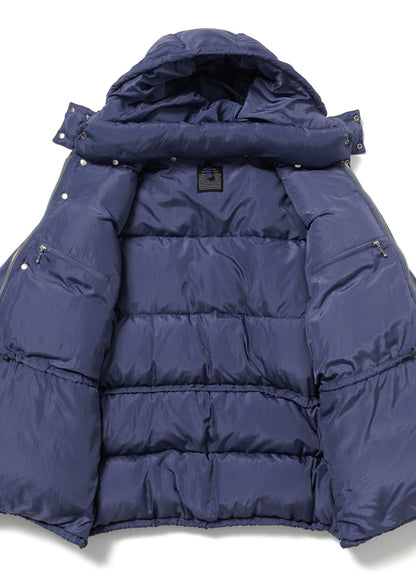 purple puffer jacket with a hood on a white background