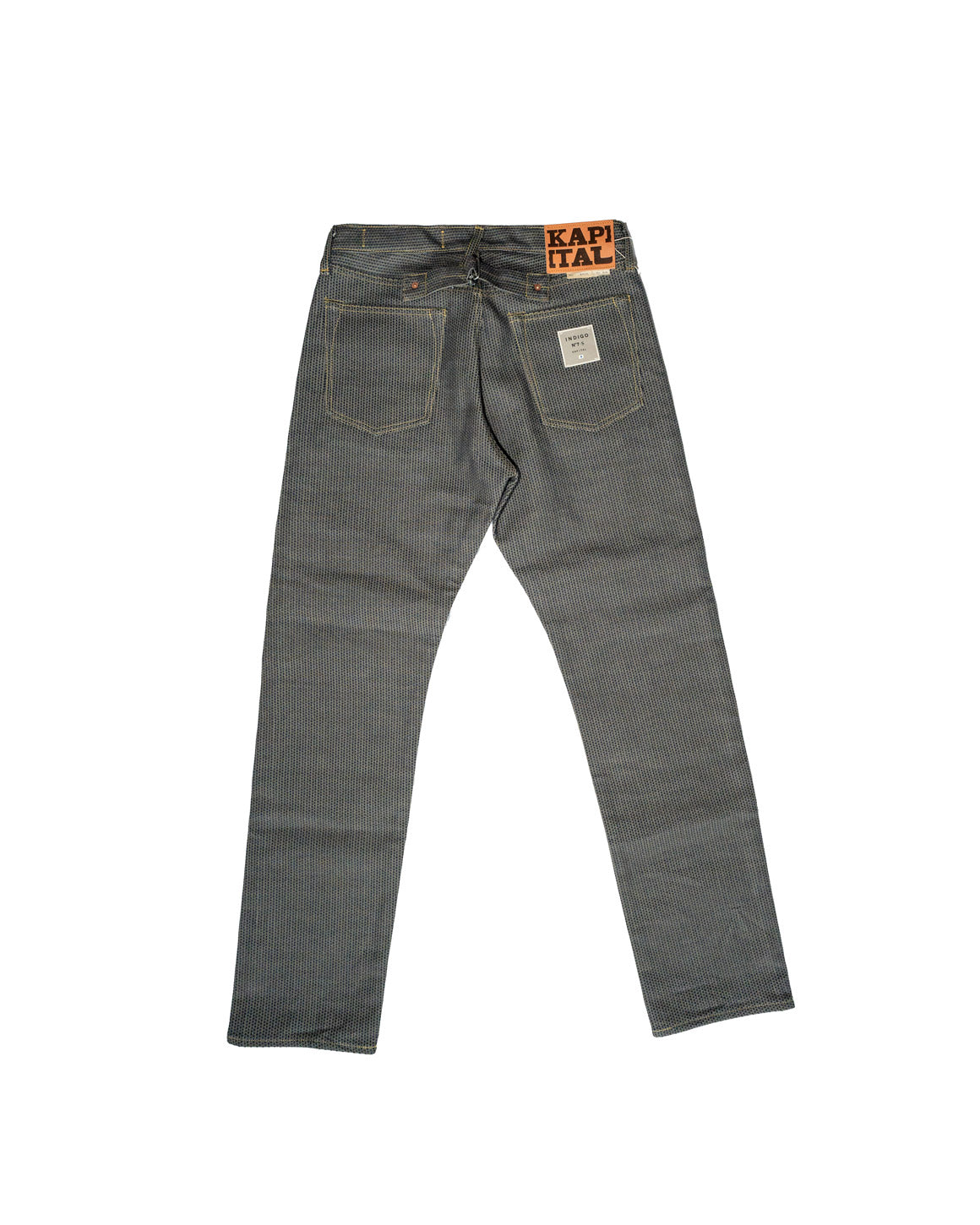 Gray jeans with a brand label that says 'Kapital' on a white background