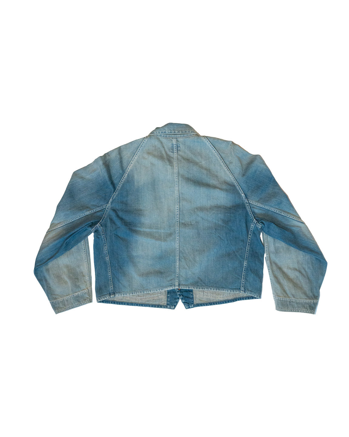 Back view of a blue denim jacket on a white background