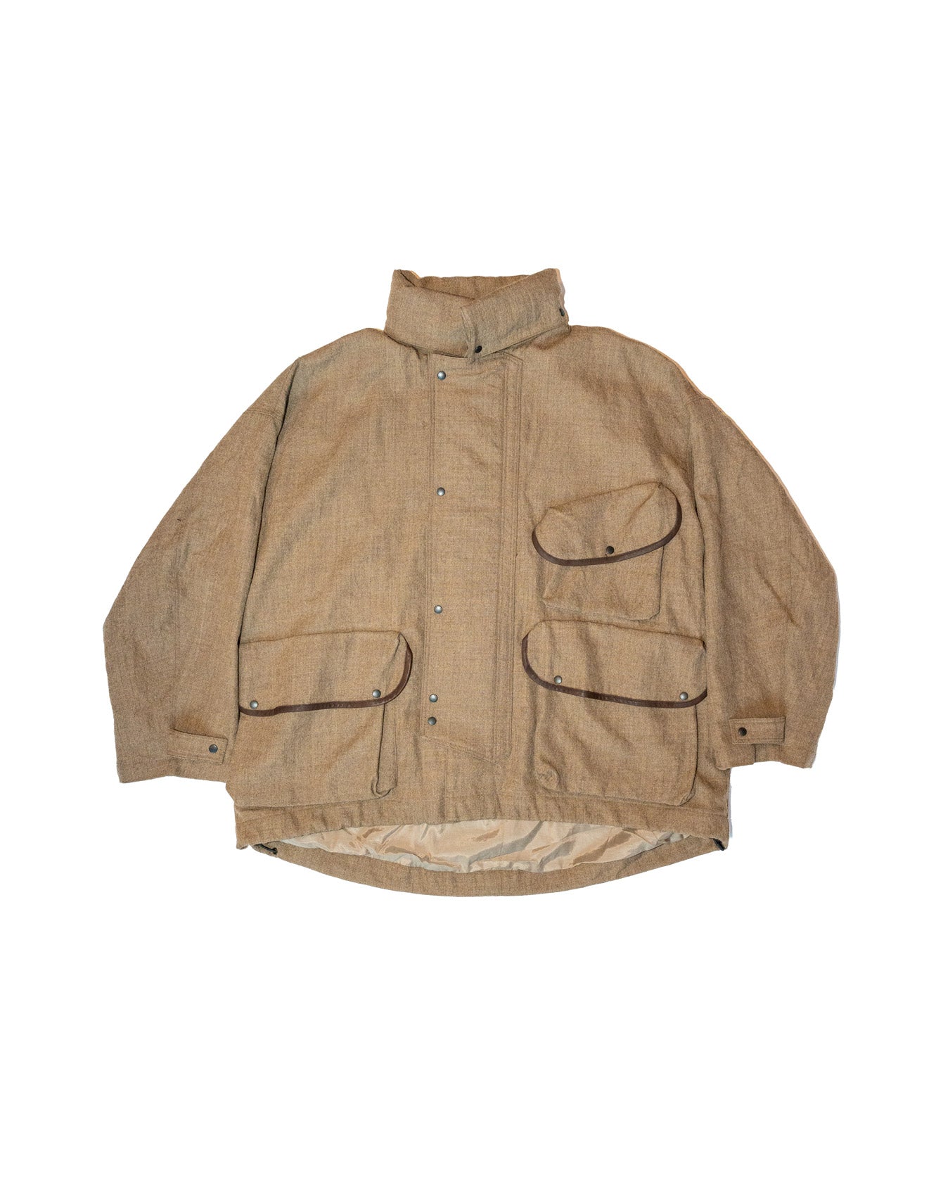 Brown jacket with multiple pockets on a white background