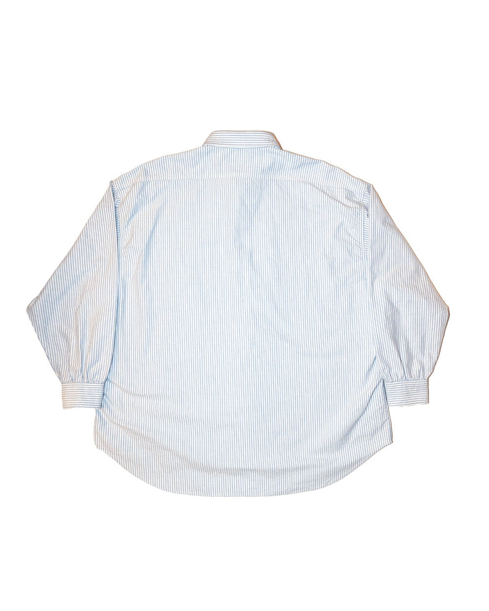 Back view of a light blue and white striped shirt on a white background