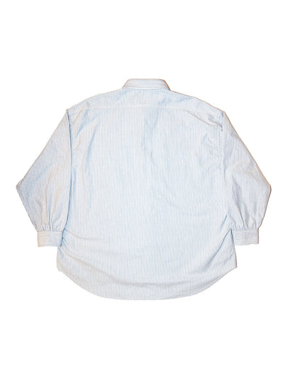 Back view of a light blue and white striped shirt on a white background